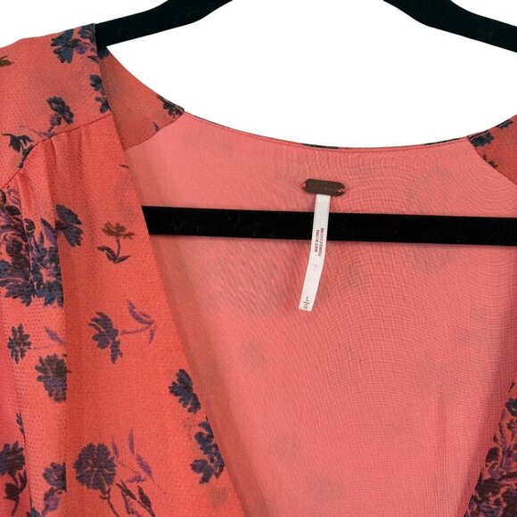Free People Bohemian Coral Floral Faux Wrap Dress With Bell Sleeves Size L - Picture 3 of 10